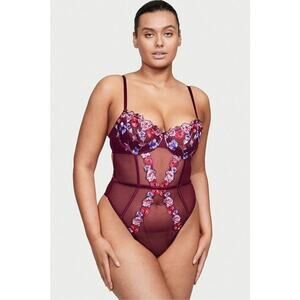 Victoria’s Secret Embroidered Floral Mesh Bodysuit Teddy XL Underwire Burgundy